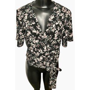 Small Dynamite Women's Black Floral Print Wrap Blouse
